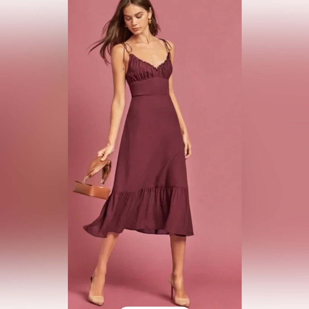 Reformation Embry Georgette Midi Dress Sz 2 Ruffle Smocked Plum Spaghetti Straps